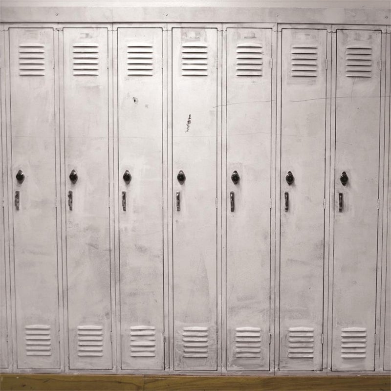 AOFOTO 6x6ft Old School Locker Backdrop White Gym Hall Room Safety Depository Security Storage Cabinet Photography Background Lockable Cells Interior Locked Door Student Portrait Photo Studio Props - Image 1